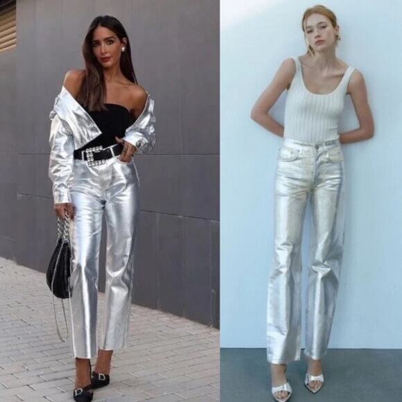 NWT ZARA High Rise Straight Cut Metallic Foil Jeans Size 0 Silver - Picture 1 of 5